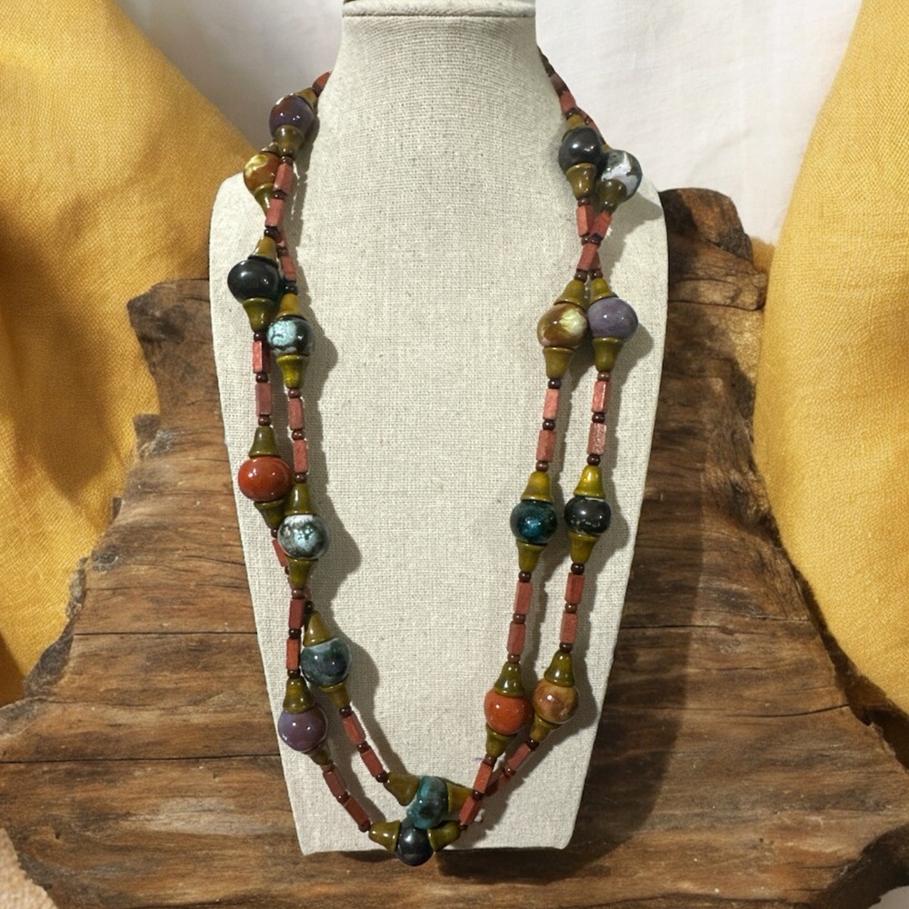 Vintage Wood and Ceramic Drip Glaze Beads with ceramic toggle 53”